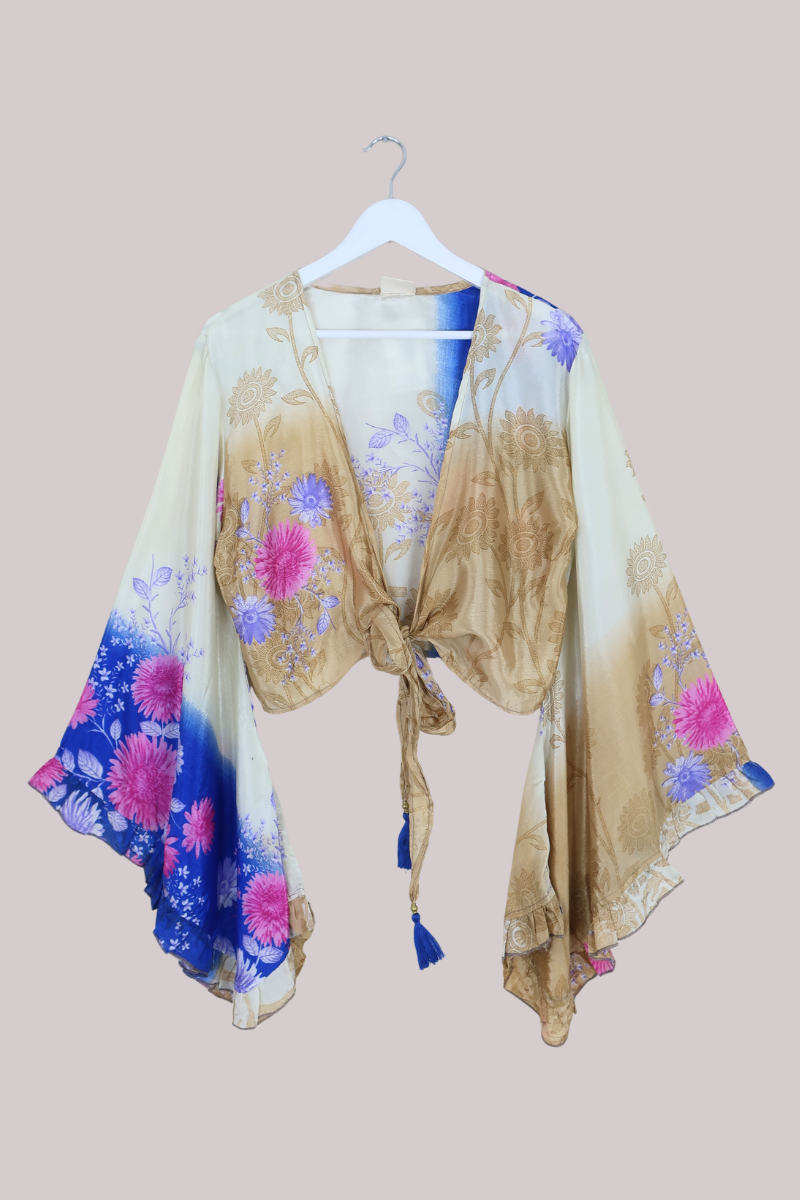Venus Recycled Sari Wrap Top in Pampas Grass & Pink Chrysanthemums- Size M/L
