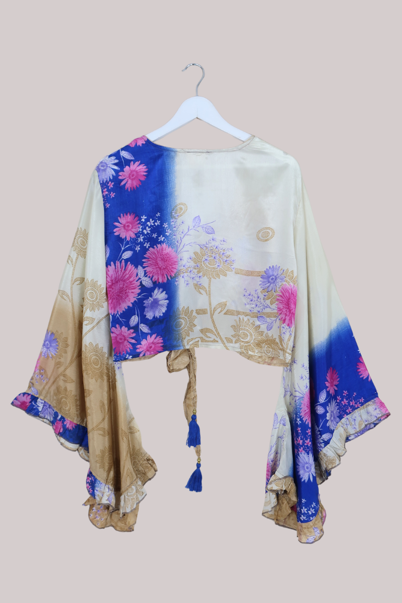 Venus Recycled Sari Wrap Top in Pampas Grass & Pink Chrysanthemums- Size M/L