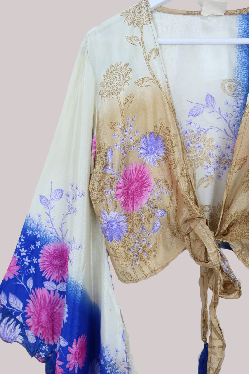 Venus Recycled Sari Wrap Top in Pampas Grass & Pink Chrysanthemums- Size M/L