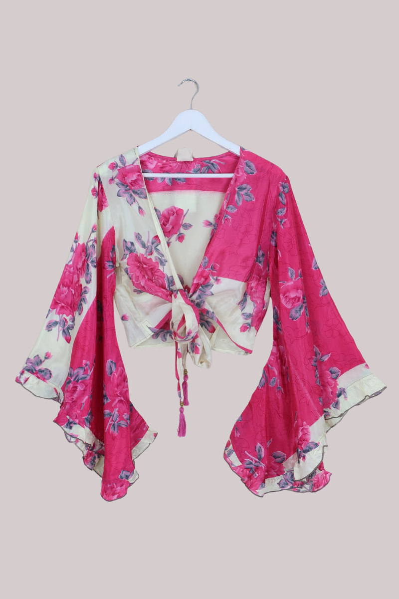 Venus Recycled Sari Wrap Top in Vanilla & Strawberry Pink Floral - Size M/L