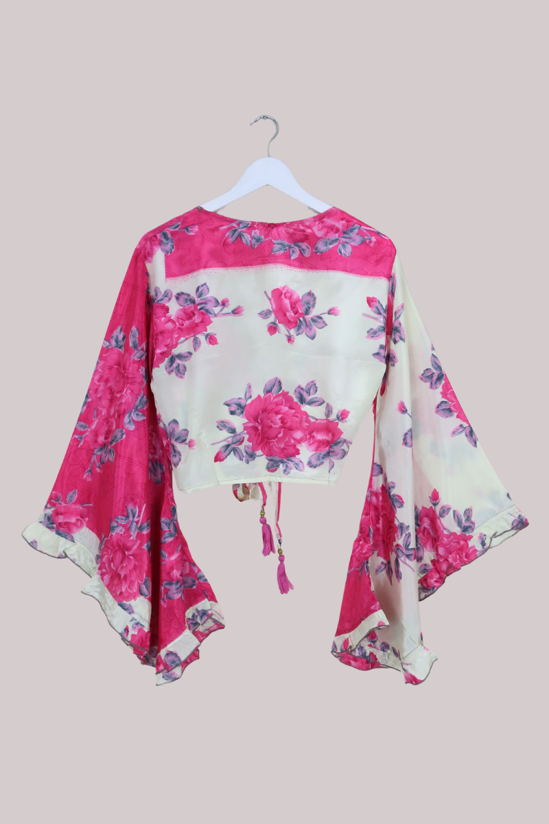 Venus Recycled Sari Wrap Top in Vanilla & Strawberry Pink Floral - Size M/L