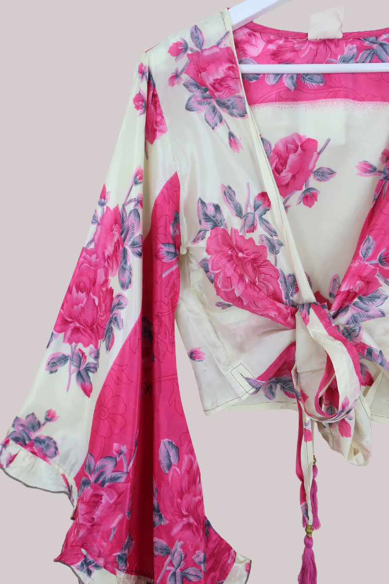 Venus Recycled Sari Wrap Top in Vanilla & Strawberry Pink Floral - Size M/L