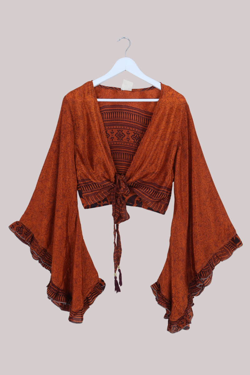 Venus Recycled Sari Wrap Top in Amber Tiger Floral - Size M/L