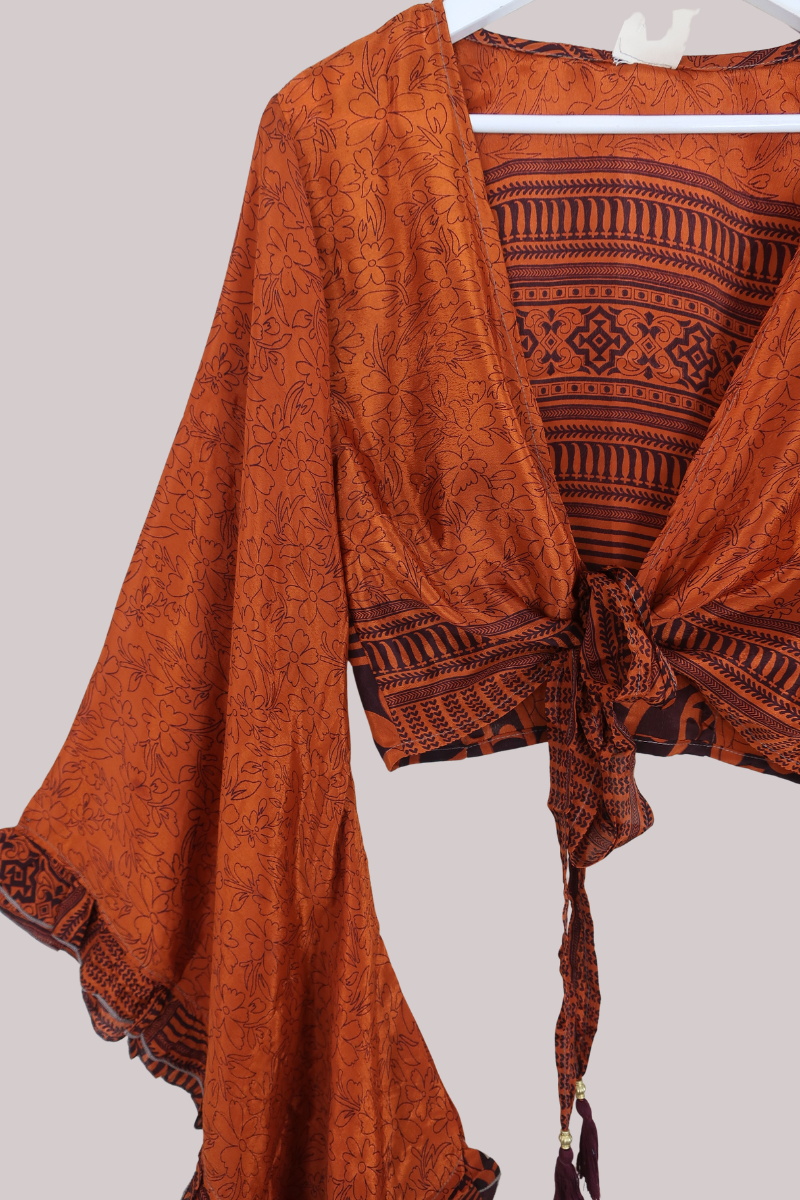 Venus Recycled Sari Wrap Top in Amber Tiger Floral - Size M/L