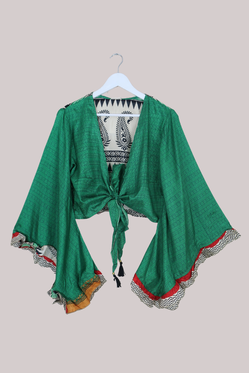 Venus Recycled Sari Wrap Top in Bamboo Green Tiles - Size M/L