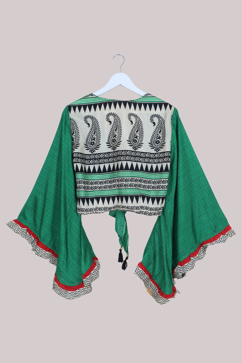 Venus Recycled Sari Wrap Top in Bamboo Green Tiles - Size M/L