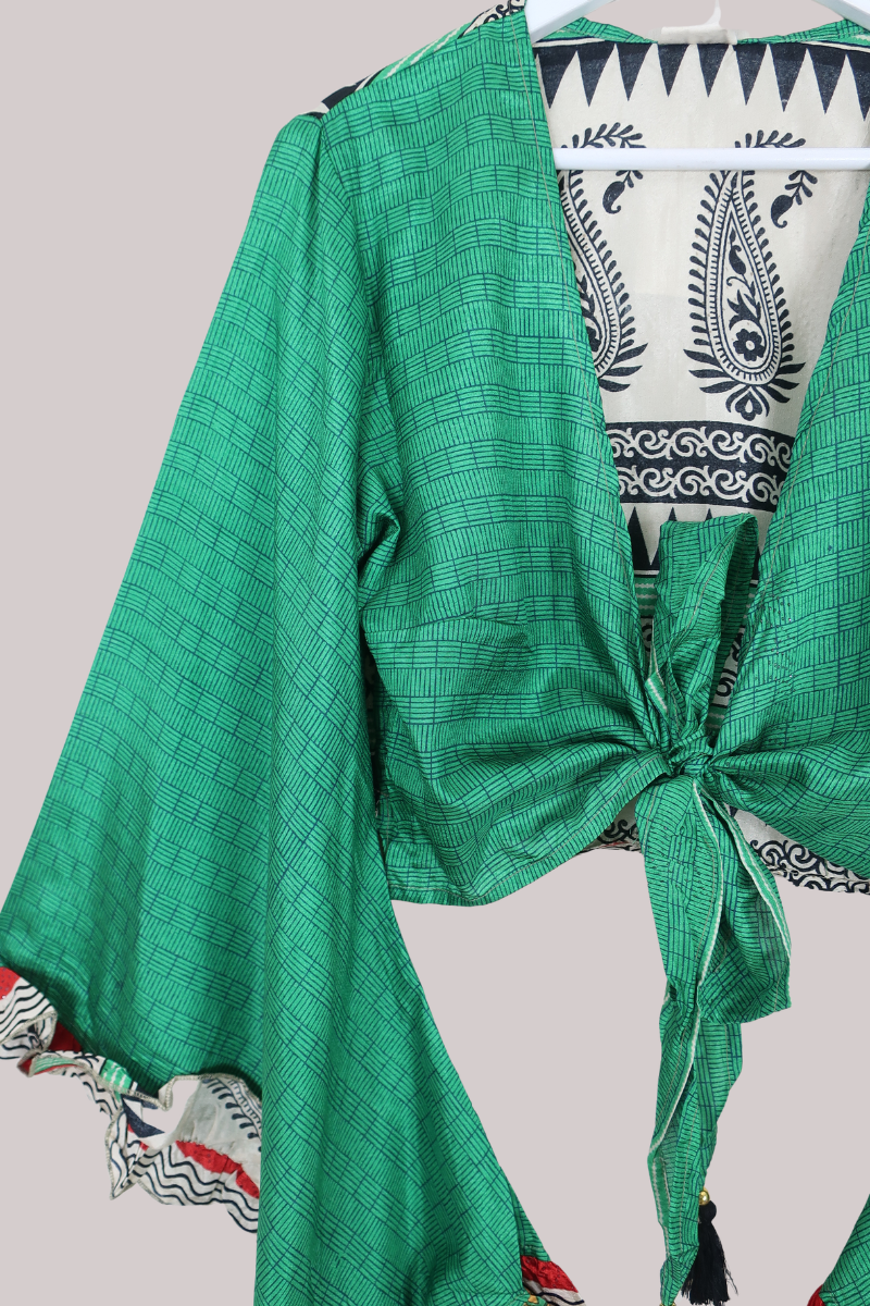 Venus Recycled Sari Wrap Top in Bamboo Green Tiles - Size M/L