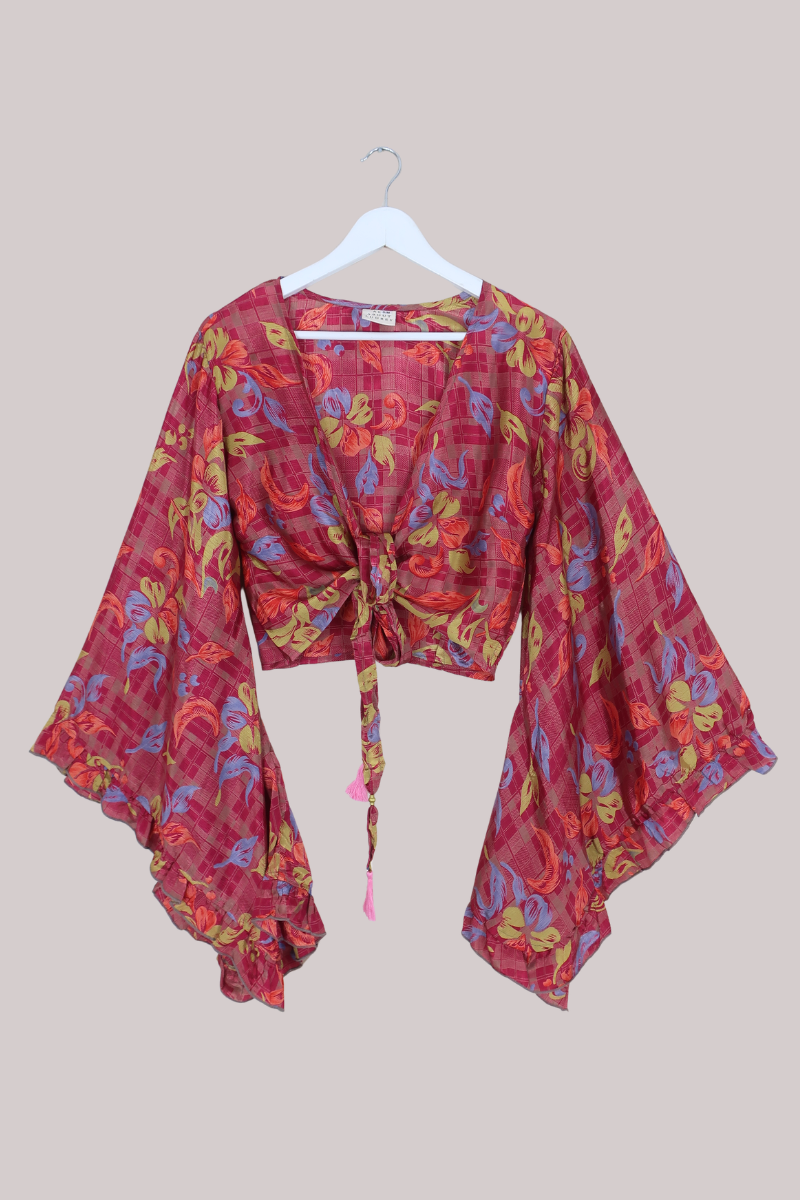 Venus Recycled Sari Wrap Top in Rose Hip Seed Red Feathers - Size S/M