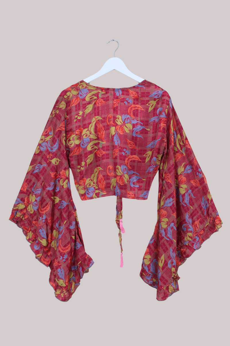 Venus Recycled Sari Wrap Top in Rose Hip Seed Red Feathers - Size S/M