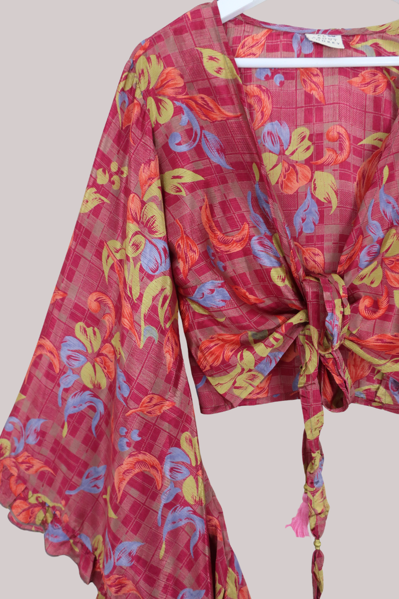 Venus Recycled Sari Wrap Top in Rose Hip Seed Red Feathers - Size S/M