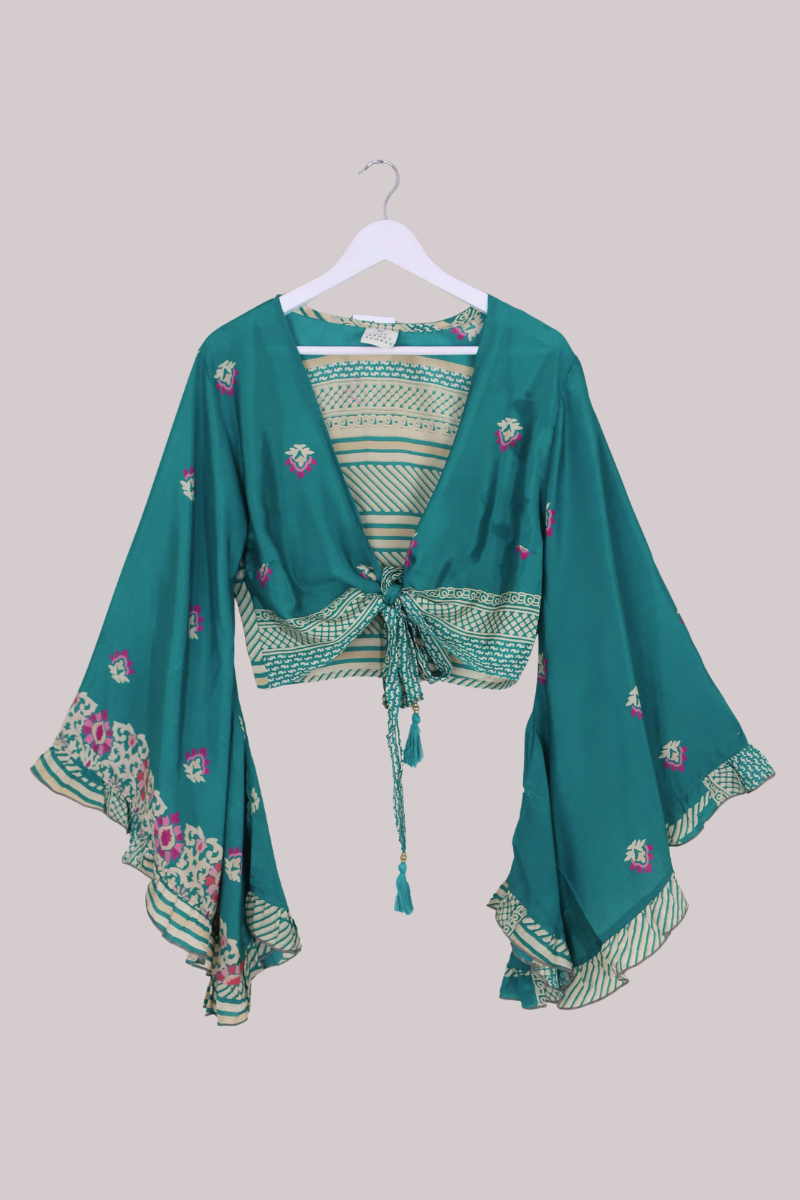 Venus Recycled Sari Wrap Top in Jasmine Green Floral Crests - Size M/L