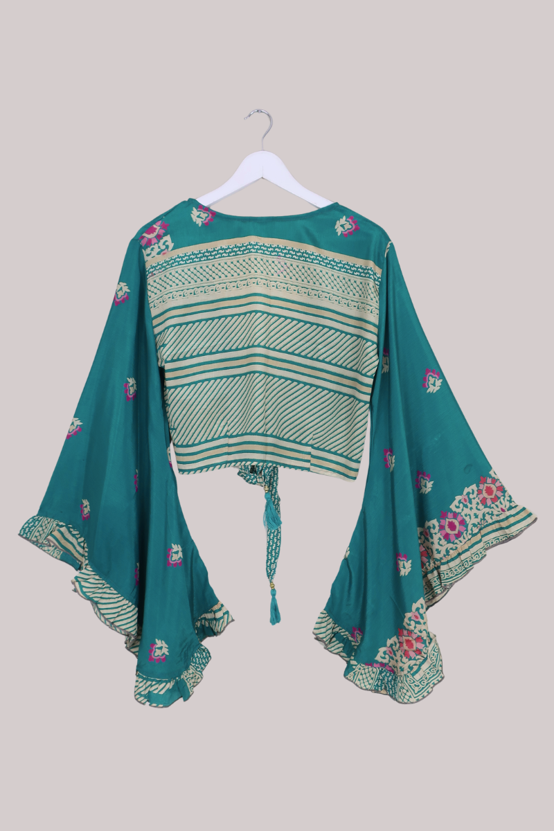 Venus Recycled Sari Wrap Top in Jasmine Green Floral Crests - Size M/L