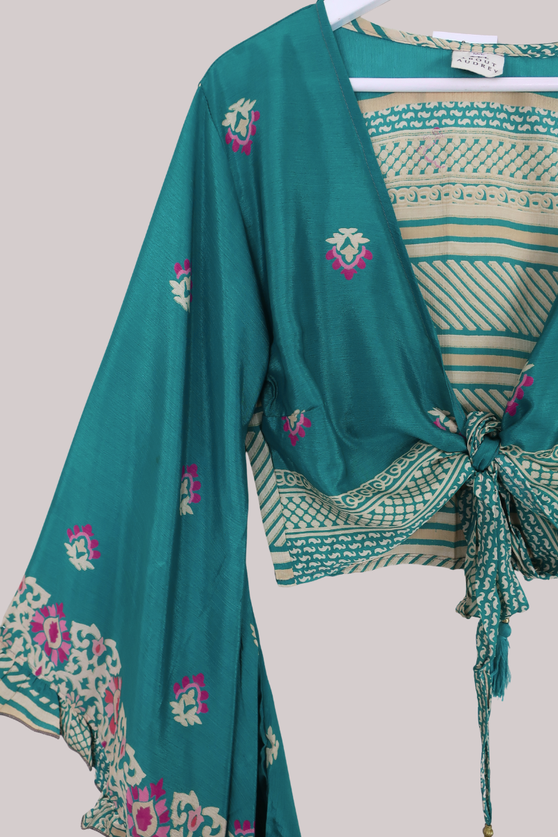 Venus Recycled Sari Wrap Top in Jasmine Green Floral Crests - Size M/L