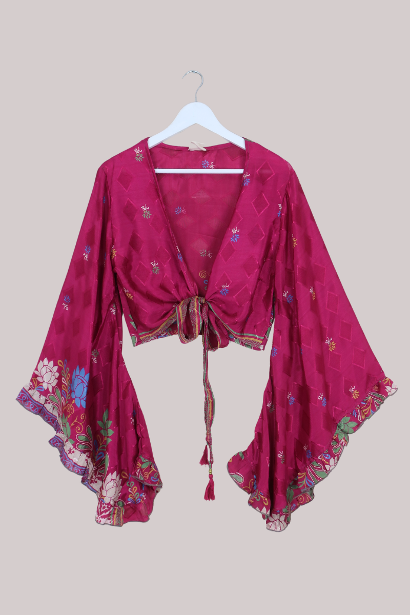 Venus Recycled Sari Wrap Top in Pink Magenta Floral Shimmer - Size M/L