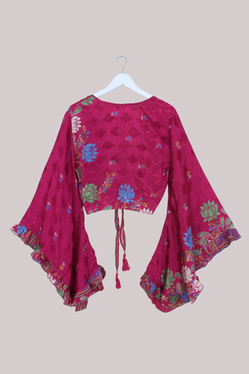 Venus Recycled Sari Wrap Top in Pink Magenta Floral Shimmer - Size M/L