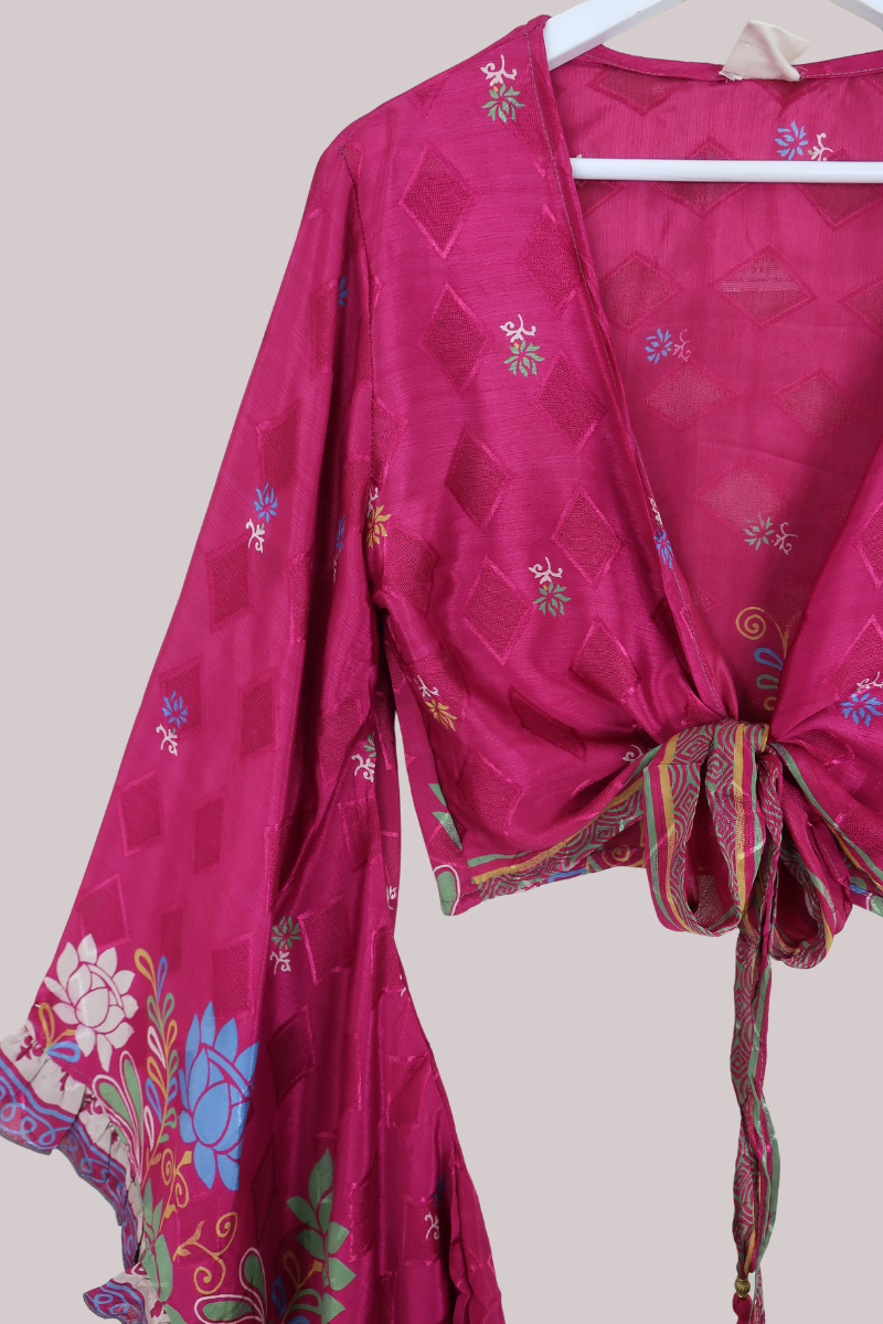 Venus Recycled Sari Wrap Top in Pink Magenta Floral Shimmer - Size M/L