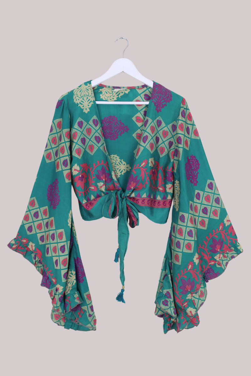 Venus Recycled Sari Wrap Top in Seafoam Green Leaf Tiles - Size S/M