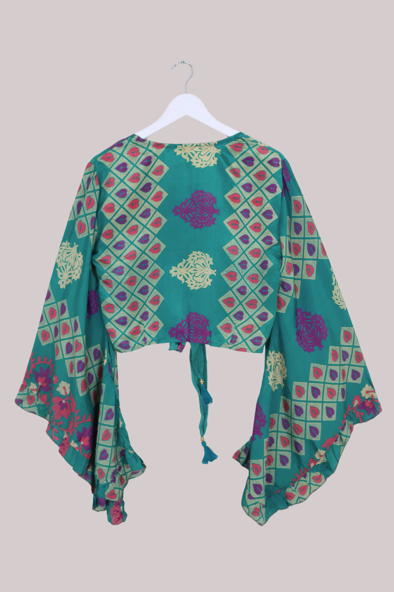 Venus Recycled Sari Wrap Top in Seafoam Green Leaf Tiles - Size S/M
