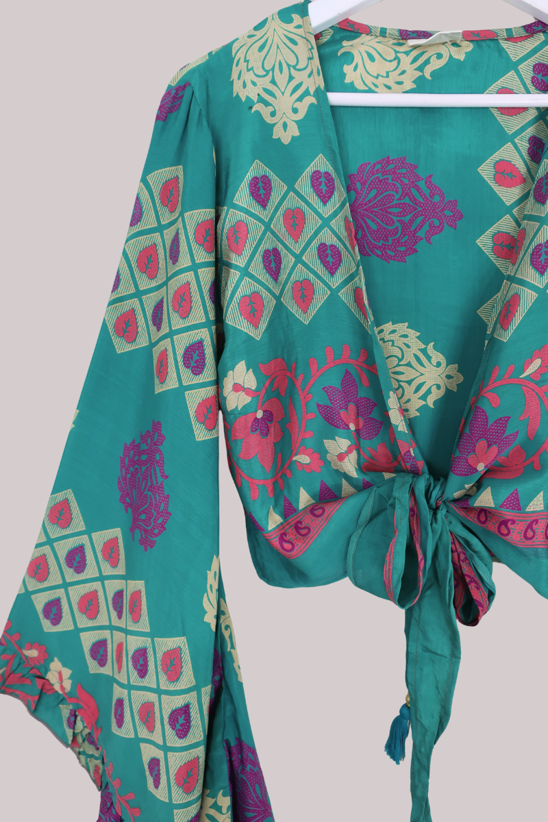Venus Recycled Sari Wrap Top in Seafoam Green Leaf Tiles - Size S/M