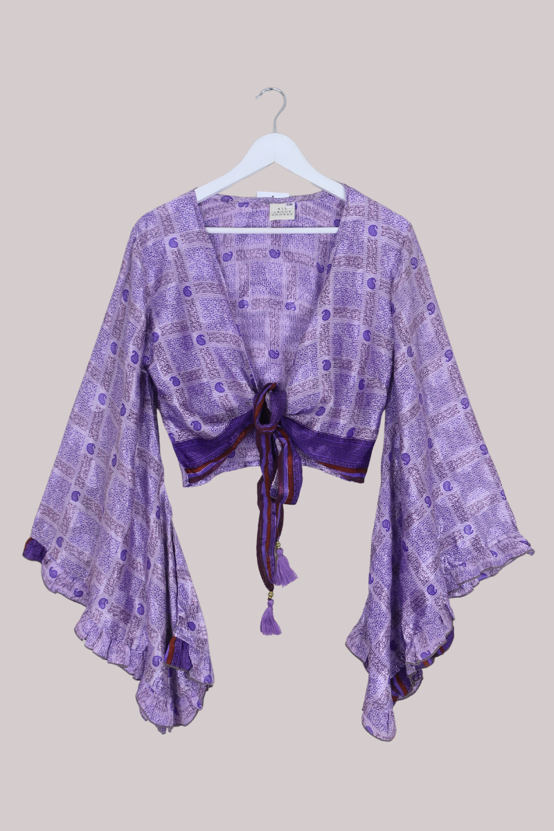 Venus Recycled Sari Wrap Top in Monochrome Purple Ivy Tiles - Size S/M
