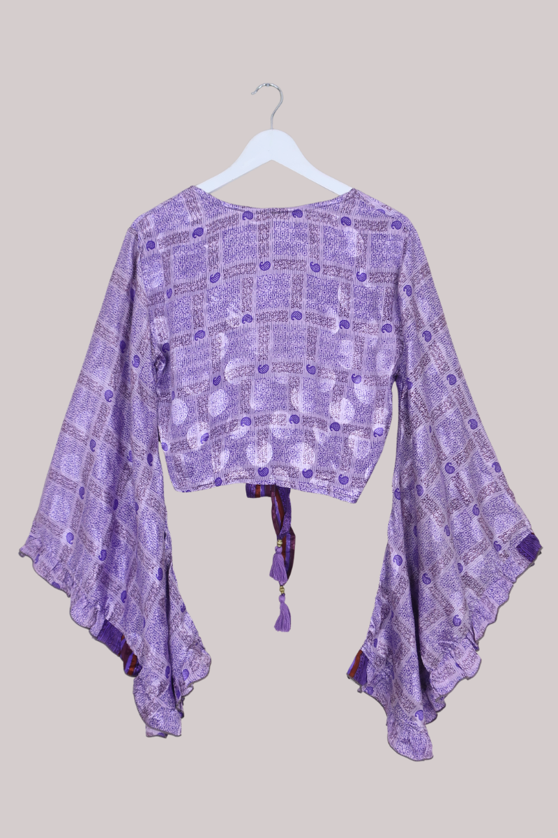 Venus Recycled Sari Wrap Top in Monochrome Purple Ivy Tiles - Size S/M
