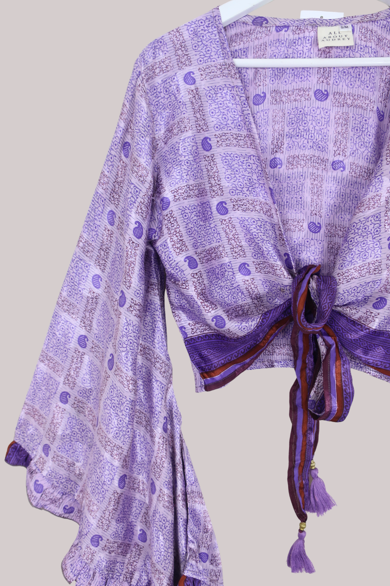 Venus Recycled Sari Wrap Top in Monochrome Purple Ivy Tiles - Size S/M