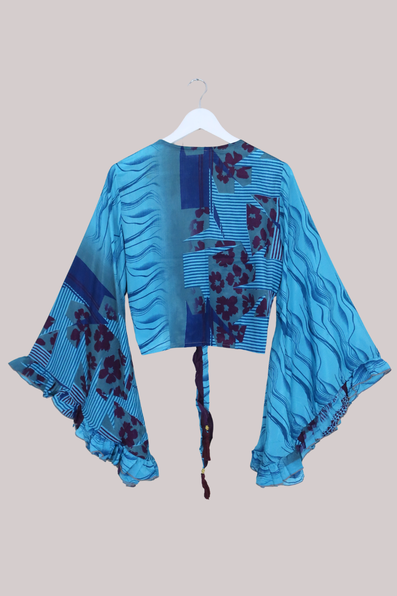 Venus Recycled Sari Wrap Top in Lagoon Blue with Plum Floral - Size S/M