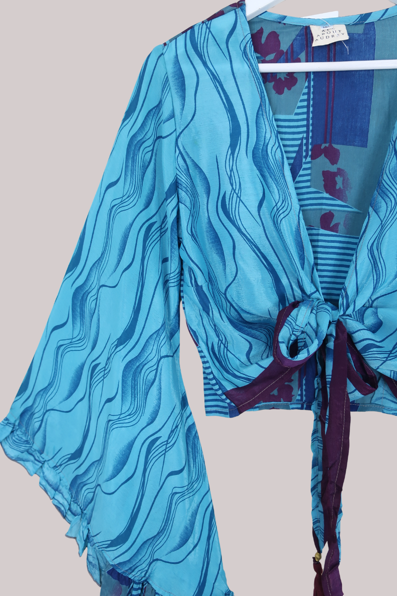 Venus Recycled Sari Wrap Top in Lagoon Blue with Plum Floral - Size S/M