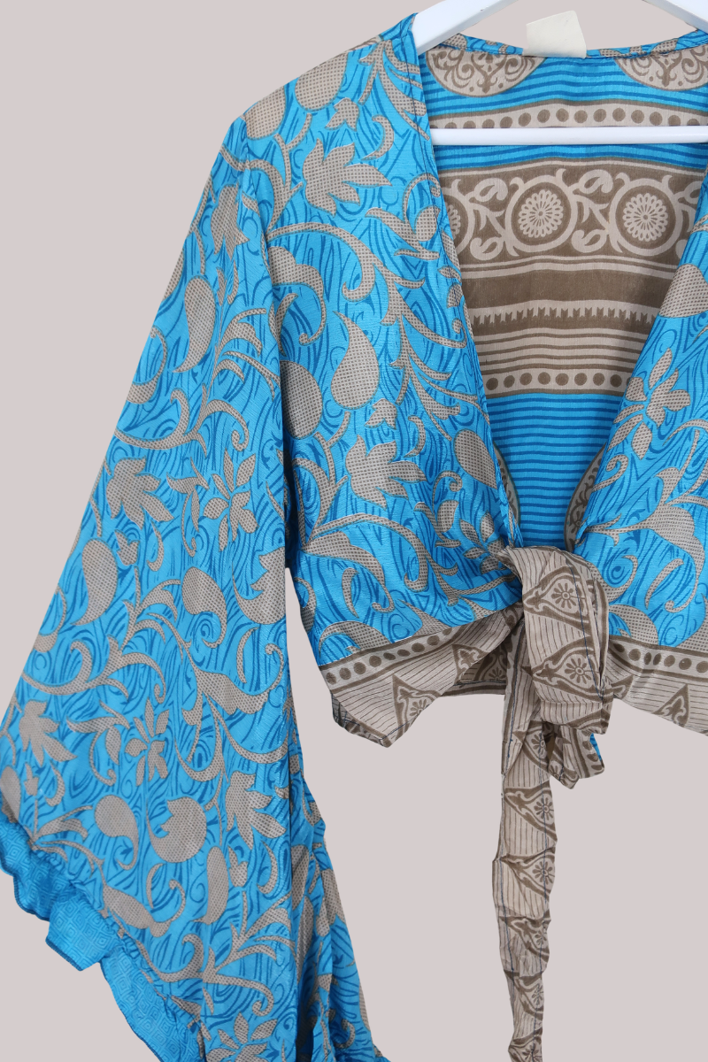 Venus Recycled Sari Wrap Top in Crystal Waters Blue - Size M/L