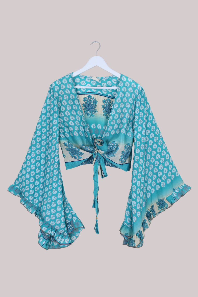 Venus Recycled Sari Wrap Top in New Horizon Blue Fallen Leaves - Size M/L