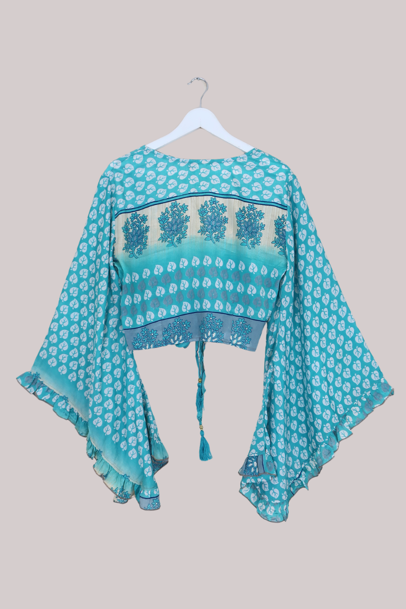 Venus Recycled Sari Wrap Top in New Horizon Blue Fallen Leaves - Size M/L