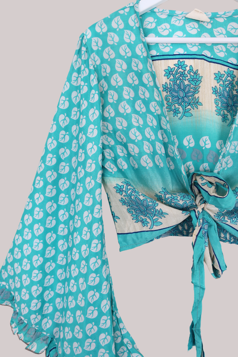 Venus Recycled Sari Wrap Top in New Horizon Blue Fallen Leaves - Size M/L