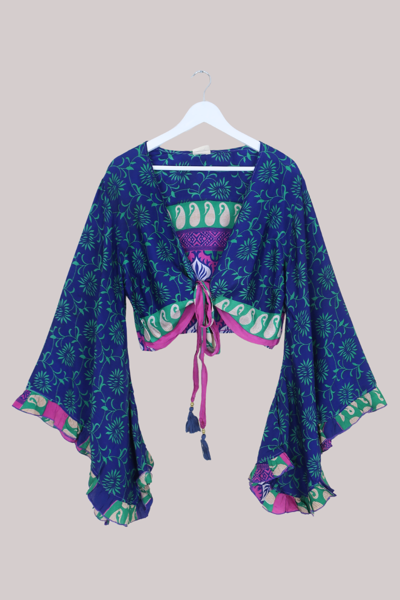 Venus Recycled Sari Wrap Top in Cobalt & Green Floral - Size M/L