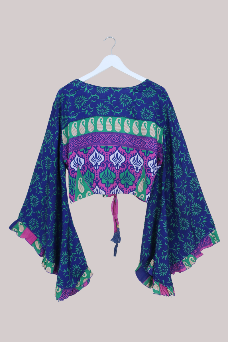 Venus Recycled Sari Wrap Top in Cobalt & Green Floral - Size M/L