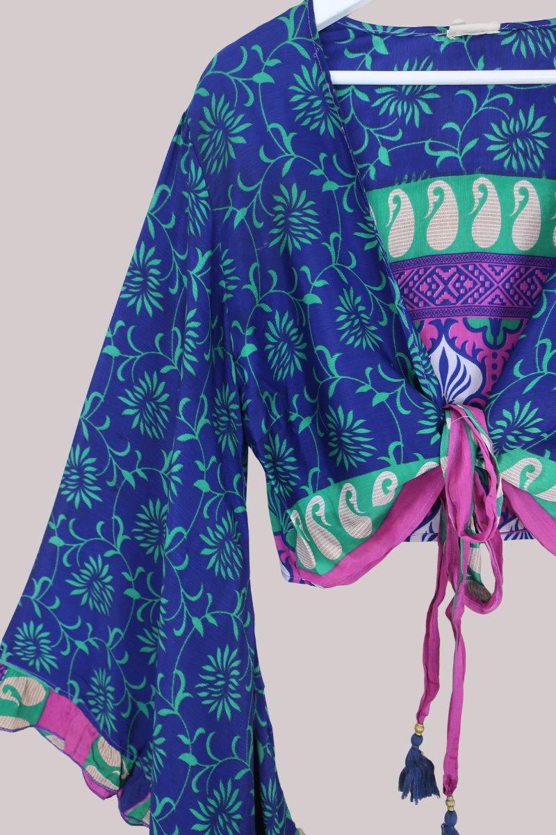 Venus Recycled Sari Wrap Top in Cobalt & Green Floral - Size M/L