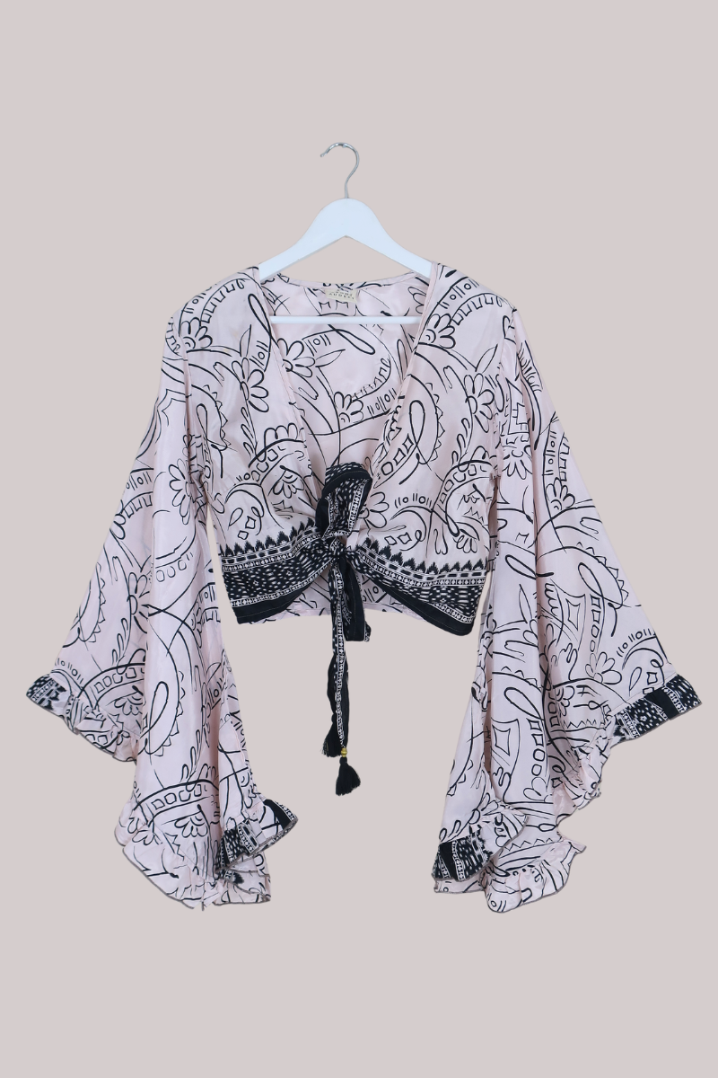 Venus Recycled Sari Wrap Top in Pink Champagne Floral Scribbles - Size S/M