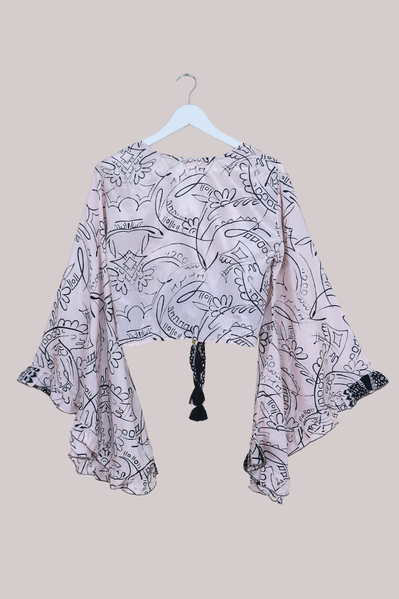 Venus Recycled Sari Wrap Top in Pink Champagne Floral Scribbles - Size S/M