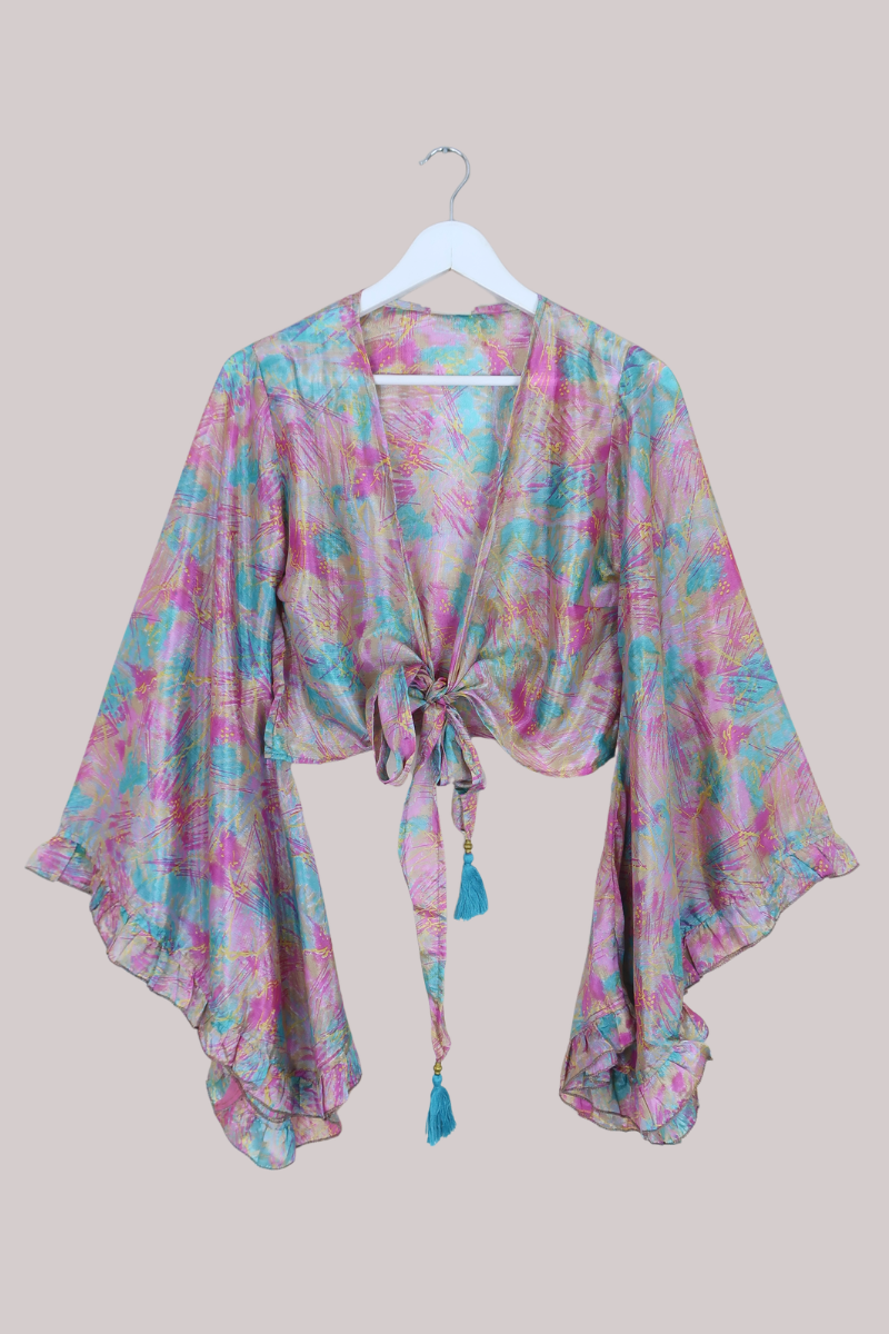 Venus Recycled Sari Wrap Top in Sheer Pastel Pink & Blue Abstract - Size S/M