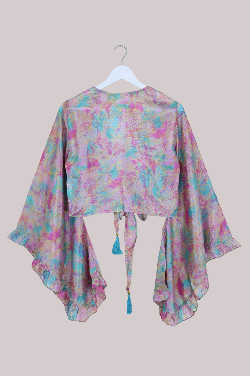 Venus Recycled Sari Wrap Top in Sheer Pastel Pink & Blue Abstract - Size S/M