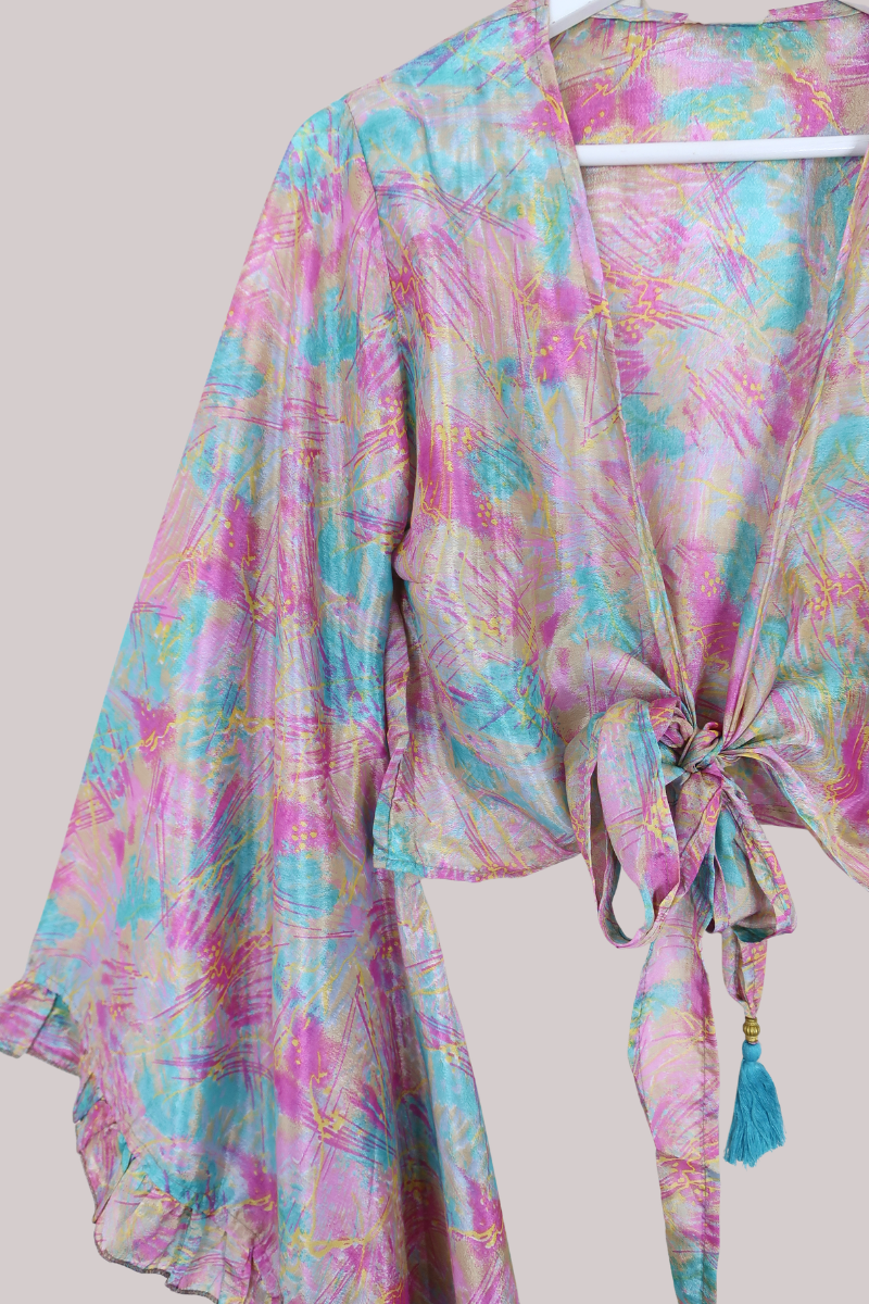 Venus Recycled Sari Wrap Top in Sheer Pastel Pink & Blue Abstract - Size S/M