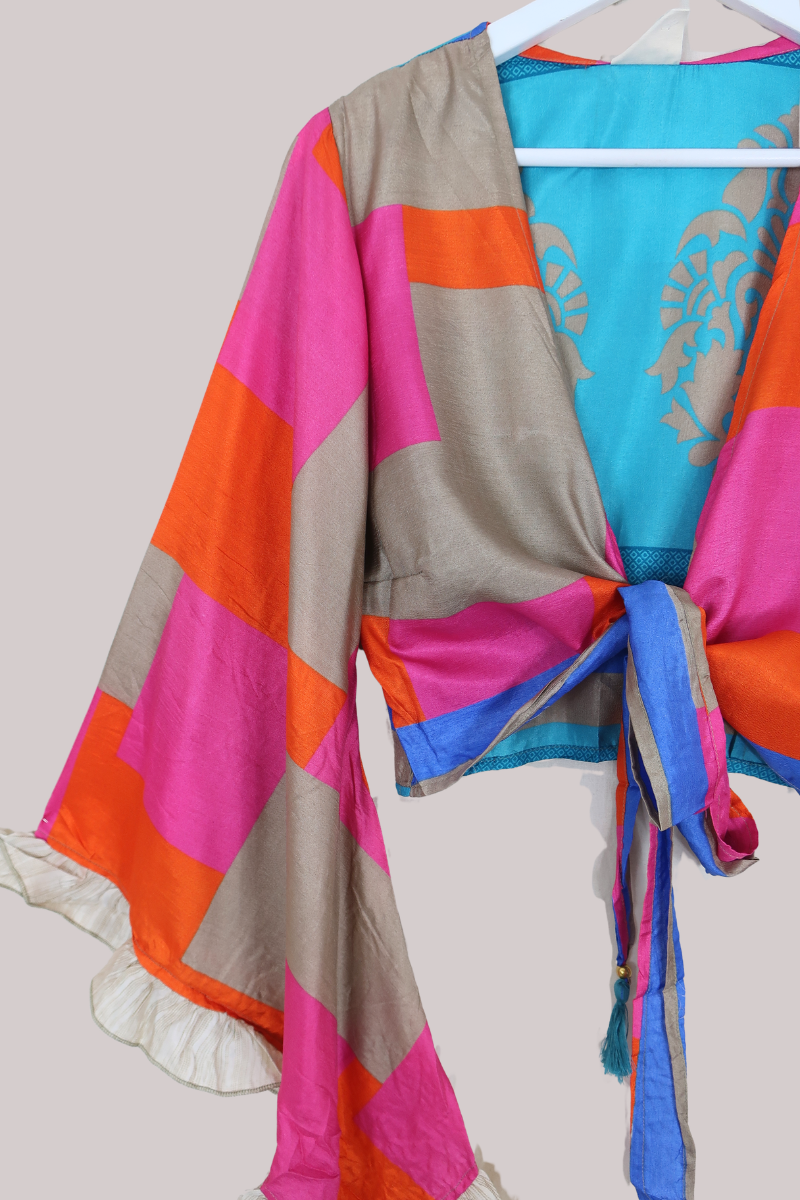 Venus Recycled Sari Wrap Top in Charlie Chalk Patchwork - Size S/M