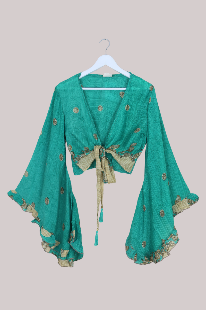 Venus Recycled Sari Wrap Top in Green Garden Butterflies - Size M/L