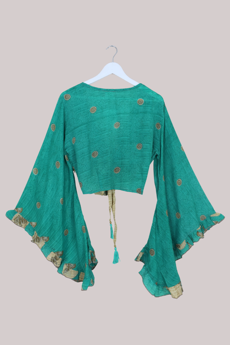 Venus Recycled Sari Wrap Top in Green Garden Butterflies - Size M/L