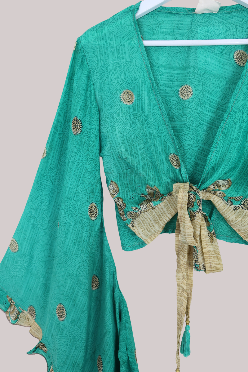 Venus Recycled Sari Wrap Top in Green Garden Butterflies - Size M/L