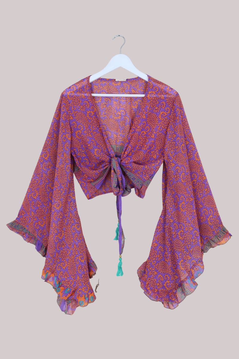 Venus Recycled Sari Wrap Top in Sheer Violet & Orange Floral - Size M/L