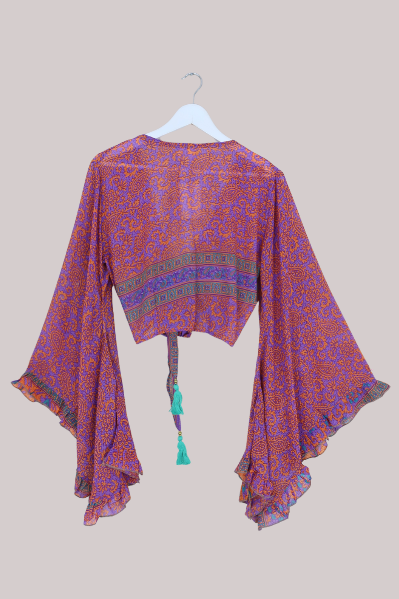 Venus Recycled Sari Wrap Top in Sheer Violet & Orange Floral - Size M/L
