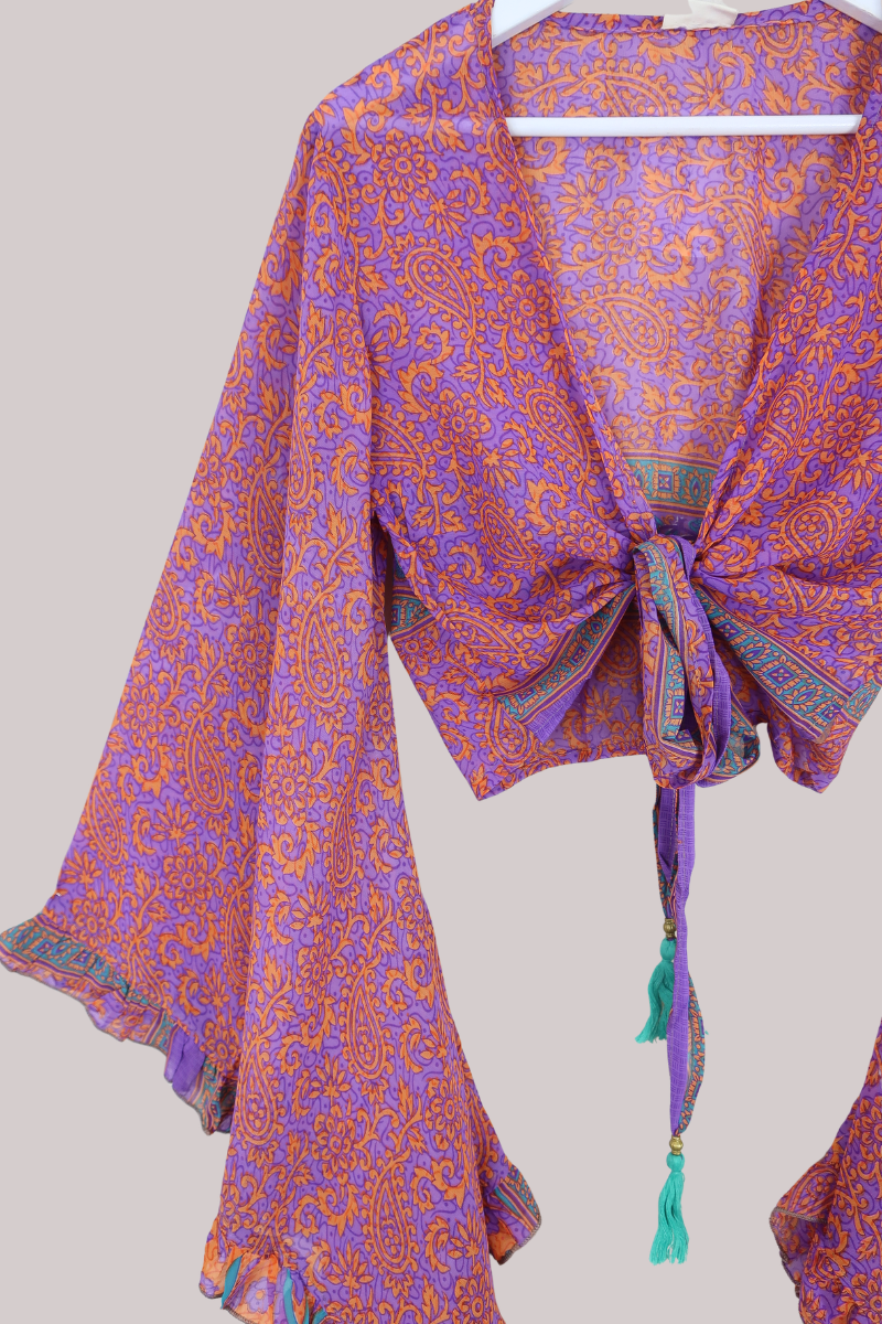 Venus Recycled Sari Wrap Top in Sheer Violet & Orange Floral - Size M/L