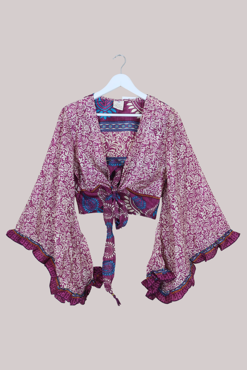 Venus Recycled Sari Wrap Top in Purple & Ivory Floral - Size M/L