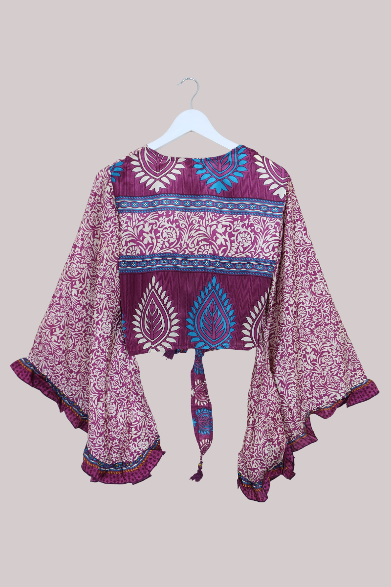 Venus Recycled Sari Wrap Top in Purple & Ivory Floral - Size M/L