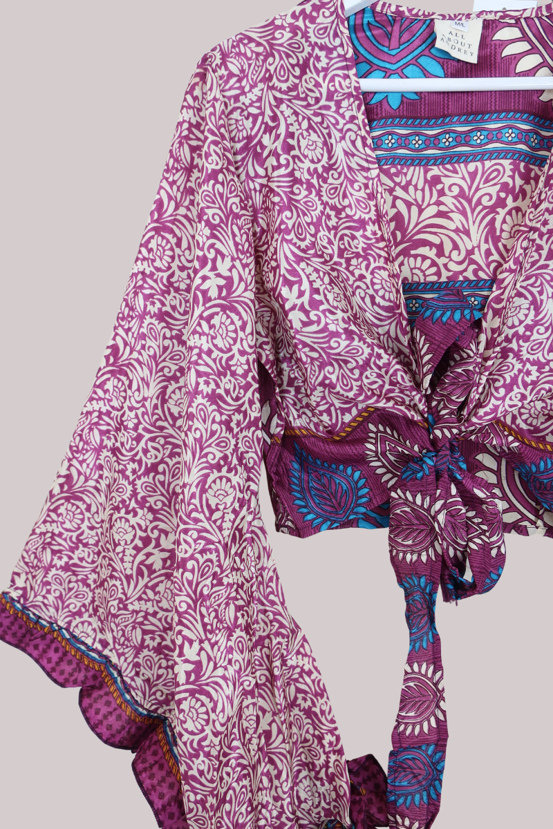 Venus Recycled Sari Wrap Top in Purple & Ivory Floral - Size M/L